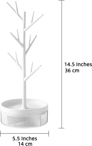 Vista 8 de Estante de joyería de rama con base giratoria y caja de almacenamiento, organizador colgante de torre de árbol para anillos, aretes, collar