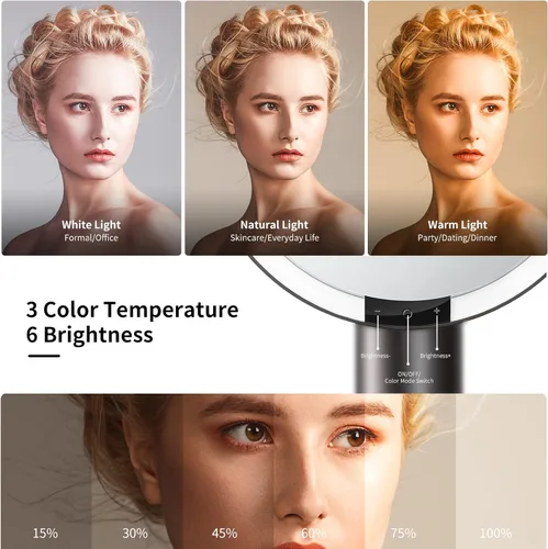 Vista 2 de AMIRO Espejo de maquillaje iluminado de 9" con sensor inteligente y control táctil, 3 colores y 6 niveles de brillo, recargable e inalámbrico, Negro