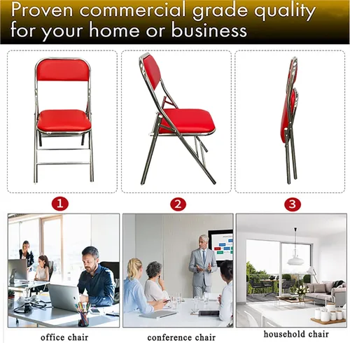 Vista 4 de QQXX Silla plegable con asiento acolchado de piel sintética, silla plegable portátil de metal con respaldo, silla de oficina básica, silla de Negro