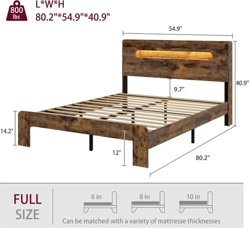 Vista 2 de Base de cama tamaño matrimonial con cabecera de almacenamiento, base de cama de plataforma con estación de carga y luces LED, listones de madera