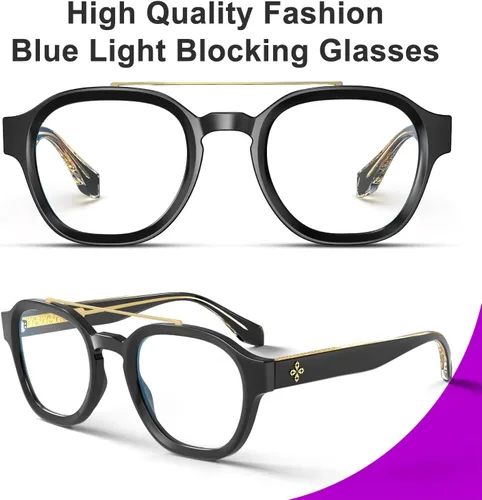 Vista 3 de VISOONE Gafas retro redondas antifatiga ocular de metal medianas, gafas de bloqueo de luz azul para juegos de computadora, mujeres y hombres, Sanford