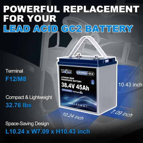 Vista 2 de WEIZE Batería LiFePO4 para carrito de golf Bluetooth 36V 45AH GC2, celdas de grado A, BMS de 100 A, batería de litio de ciclo profundo de protección