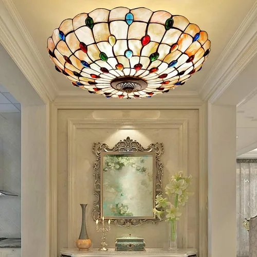 Vista 3 de Tiffany - Lámpara de techo de montaje empotrado, lámpara de techo LED de vitral, hecha a mano con cuentas de vidrio de colores azules
