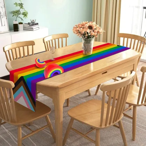 Vista 2 de Nepnuser Camino de mesa rústico arcoíris para el mes del orgullo de junio, decoración de fiesta LGBTQ+, de lino, granja, hogar, comedor, cocina