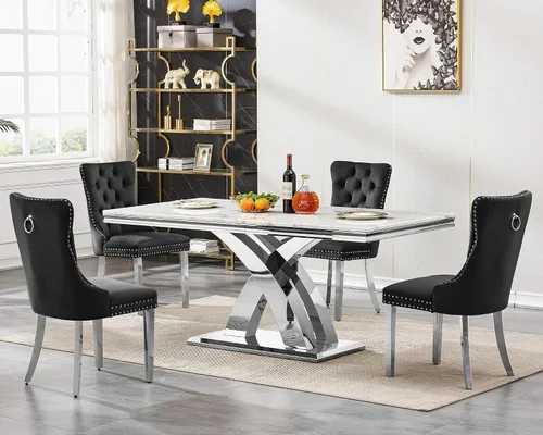 Vista 71 de Juego de mesa de comedor de 5 piezas para 4, mesa de cocina de mármol negro de 68 pulgadas con 4 sillas beige, mesa de comedor rectangular moderna