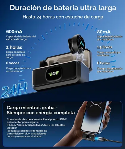 Vista 8 de Micrófono Lavalier inalámbrico para teléfonos iPhone y Android, micrófono de solapa con clip AI Noise Reduction & Hi-Fi Audio & 24H Working Time &