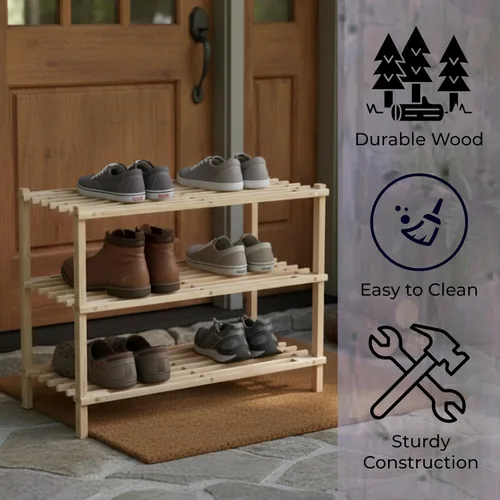 Vista 6 de Zapatero de madera, banco de almacenamiento, clóset, baño, cocina, organizador de entrada, 3 niveles, por Lavish Home.