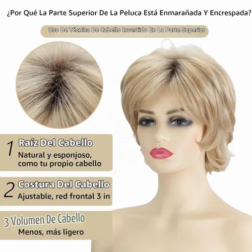 Vista 6 de TISHINING Pelucas Rizadas Cortas de Corte Pixie Ombre Rubias para Mujeres Blancas Peluca Rubia Mixta Esponjosa en Capas con Flequillo de Aspecto