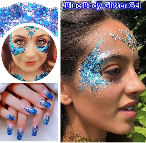Vista 8 de Go Ho Brillantina azul para rostro y cuerpo, pintura facial azul de Halloween, gel brillante de sirena, lentejuelas gruesas holográficas para ojos