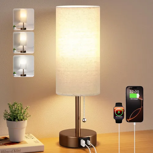 Vista 11 de Juego de 2 lámparas de noche grises para dormitorio, lámpara de mesa de noche con puerto de carga USB A + C, 3 temperaturas de color, cadena