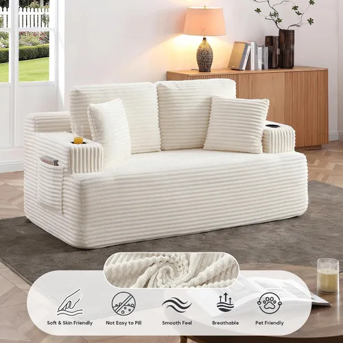 Vista 4 de Sofá sin hueso de 66.5 pulgadas con portavasos y bolsillos laterales, sofá biplaza tapizado de tela de pana moderna con 2 almohadas para sala