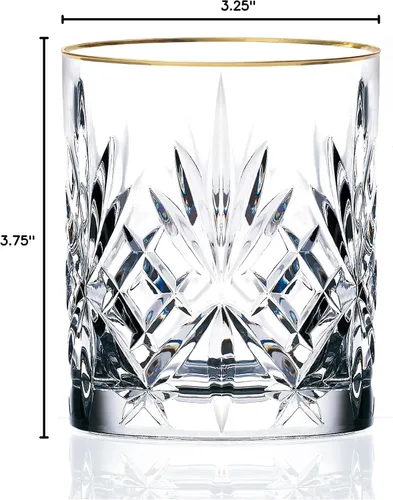 Vista 2 de Cristalería de cristal elegante y moderna para organizar fiestas y eventos, doble vaso de bebidas Old Fashion, banda dorada, juego de 4, 9 onzas.