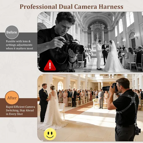 Vista 2 de Jumyee Double Camera Harness for 2 Cameras, Adjustable Dual Shoulder Leather Camera Strap for DSLR/SLR