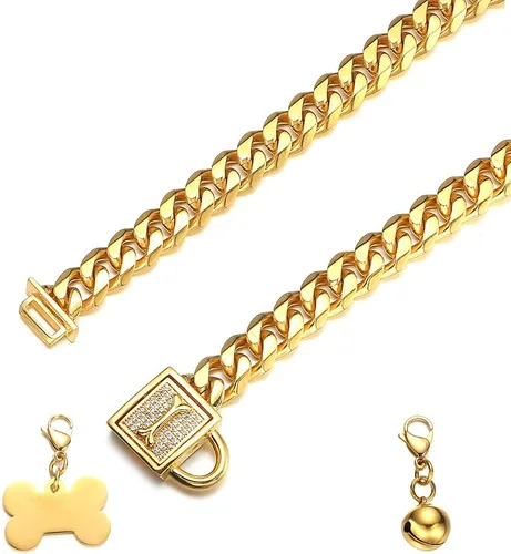 Vista 3 de Collar de cadena de perro resistente, de acero inoxidable con oro de 18 quilates, collar de ahorque, con hebilla de seguridad de diamantes