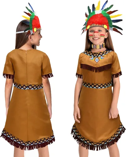 Vista 2 de Latocos 6 Pcs Girls Native American Costume Set Indian Princess Dress Outfit for Kids Cosplay Dress Up Pretend Play