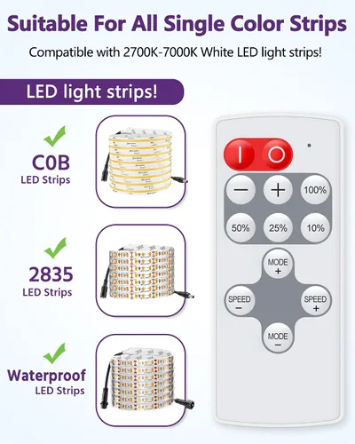 Vista 3 de HitLights Mini control remoto RF para tira de luces LED de un solo color, CC 5-24V, atenuador inalámbrico de 12 teclas con modo de efecto dinámico