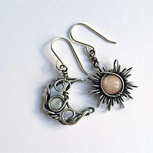 Vista 2 de COLORFUL BLING Aretes colgantes bohemios de ópalo con forma de sol y luna, piedra de luna, gancho de piedra natural, bohemios para mujeres y niñas