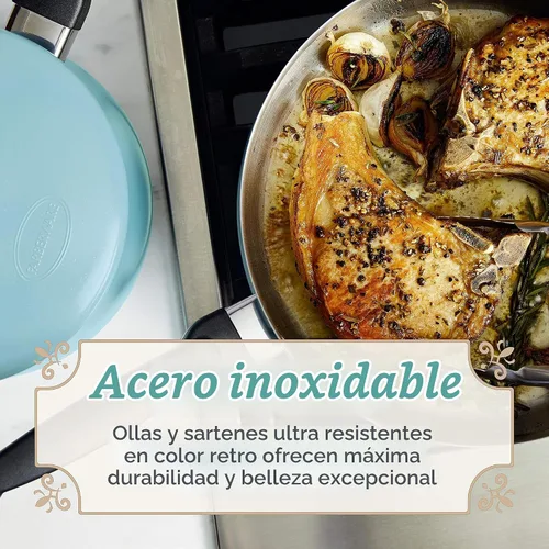 Vista 7 de Farberware Juego de 120 ollas y sartenes de acero inoxidable de edición limitada con herramientas de cocina Prestige, 10 piezas, color azul Azul