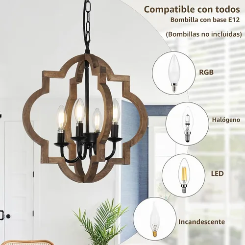 Vista 4 de Lámparas de araña de granja, lámparas de 4 luces para comedor sobre la mesa, lámparas de araña de madera maciza para comedor, lámparas rústicas