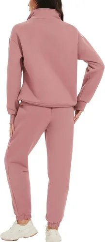 Vista 5 de PEHMEA Conjunto deportivo de 2 piezas de otoño para mujer, con forro polar, holgado, manga larga, media cremallera, cómodo conjunto de descanso