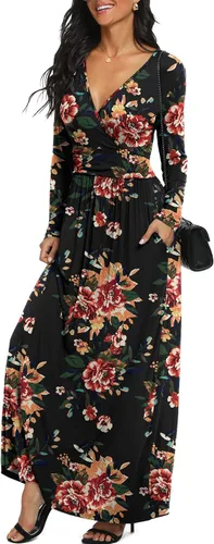 Vista 3 de LILBETTER - Maxi vestido casual, de manga larga, cuello en V, holgado, liso y largo para mujer