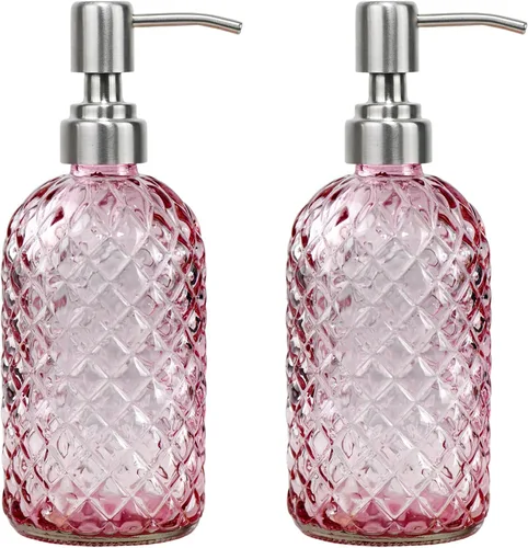 Vista 9 de Dispensador de jabón de vidrio con patrón de diamante de 16 onzas, dispensador de jabón recargable para cocina y baño, con bomba de acero inoxidable