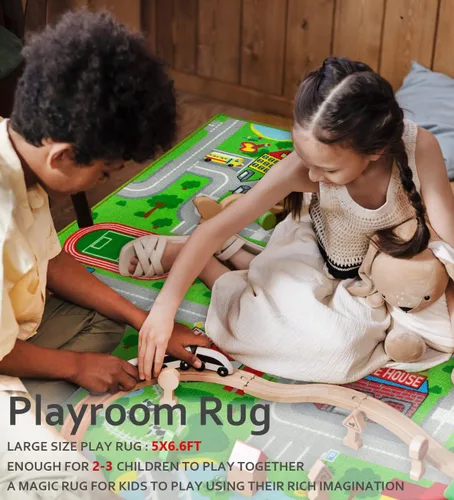 Vista 7 de Yincimar Alfombra de juegos para niños, alfombra de juego con coche, vida urbana, tráfico, carretera, alfombra para niños, alfombra de 5 x 6 pies 6
