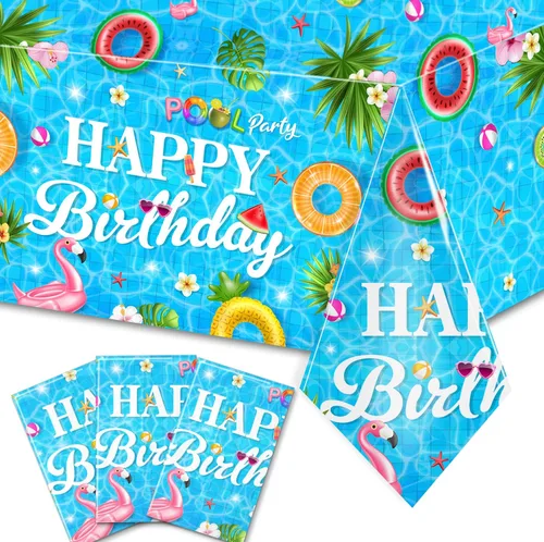Vista 18 de 3 manteles de playa de verano, fundas de mesa temáticas de playa, decoración de mesa temática de cumpleaños hawaiano para verano, piscina, surf