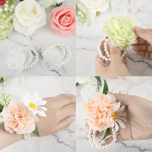 Vista 3 de Waydress Pulsera de pulsera elástica de perlas para boda, ramillete de perlas, pulsera elástica de perlas para boda