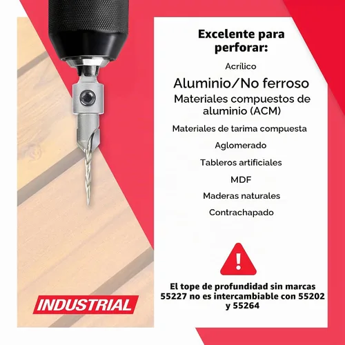 Vista 3 de Amana Tool Juego avellanador para carpintería, AMS-621, 3 piezas Punta de carburo con tope de profundidad ajustable y sin empuje, sin rodamiento
