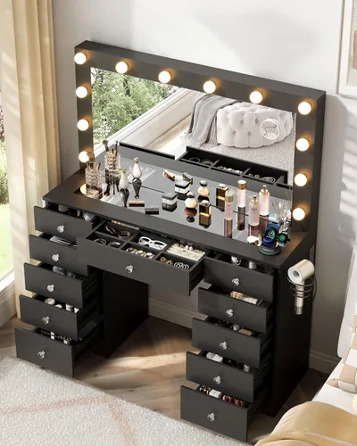 Vista 11 de Escritorio tocador Otterease con espejo y luces, escritorio de maquillaje con 11 cajones, tocador de maquillaje con superficie de vidrio templado, 3