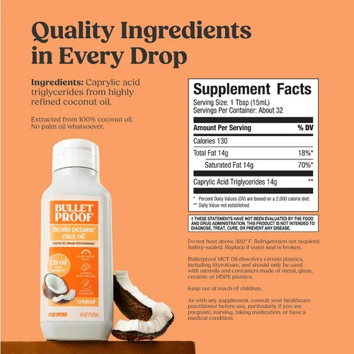 Vista 3 de Bulletproof Brain Octane Suplemento a base de aceite para el cerebro - 16 oz (paquete de 2) Aceite de coco 100% puro, suplemento energético keto
