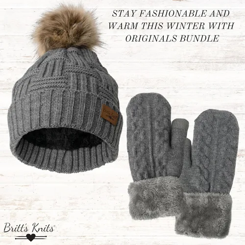 Vista 4 de Britt's Knits Classics - Gorro de punto con pompones (carbón) y guantes de invierno de punto ultrasuave (gris jaspeado)