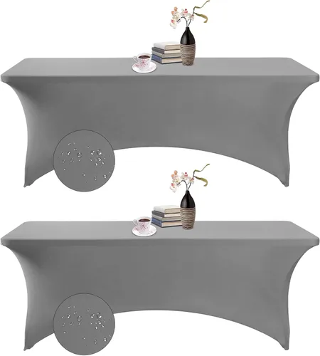 Vista 119 de Paquete de 2 fundas de mesa de elastano impermeables para mesas rectangulares, 6 pies, negras, elásticas, resistentes a manchas, para todas