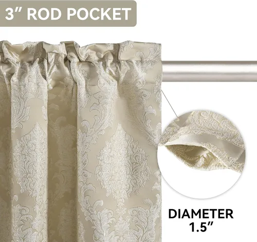 Vista 7 de Loom and Mill - Cortinas de lujo de jacquard para dormitorio, cortinas de damasco beige de 2 paneles con alzapaños, elegante cortina de ventana