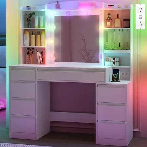 Vista 10 de Escritorio de tocador con espejo HD, tocador de maquillaje con luces LED, 3 niveles de brillo ajustable, mesa de vestir con estanterías ocultas