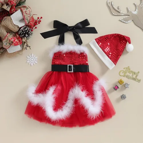 Vista 6 de Ayalinggo Vestido halter de Navidad para niña pequeña, con lentejuelas, tutú con purpurina, falda tutú y sombrero, disfraz de Papá Noel, ropa
