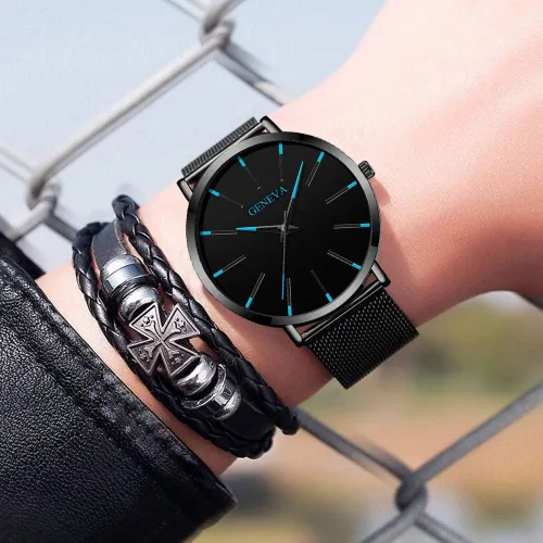Vista 9 de Weicam Reloj de pulsera de cuarzo analógico con correa de malla simple para hombre, 6 piezas, Movimiento de cuarzo