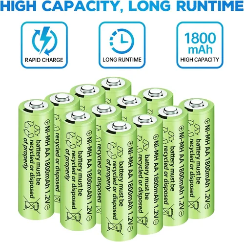 Vista 7 de 12 baterías recargables AA Ni-MH de 1.2 V 1800 mAh para micrófonos inalámbricos, juguetes eléctricos, ratones remotos, calculadoras, maquinillas
