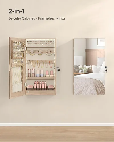 Vista 3 de SONGMICS Armario de joyería con espejo con luces LED integradas, organizador de almacenamiento de joyas montado en la pared o en la puerta, 3.8 x