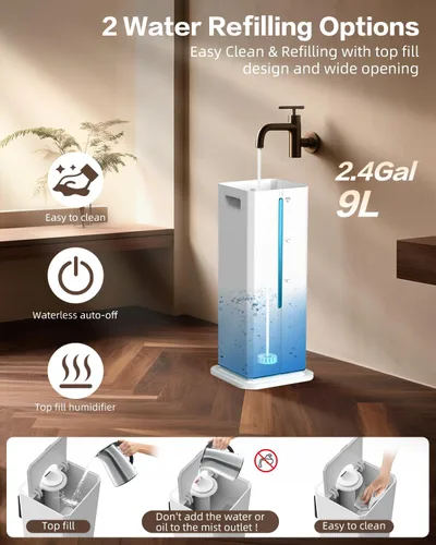 Vista 7 de Humidificadores de niebla fría para dormitorio, ultrasónico de 2.4 galones (9L), llenado superior silencioso, fácil limpieza con bandeja de aceite