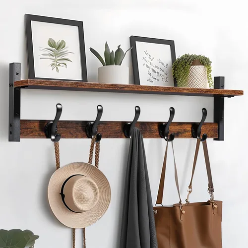 Vista 9 de Tatub Perchero rústico de 29 pulgadas con estante, ganchos de pared de entrada con estante, perchas para baño, sala de estar, dormitorio, negro