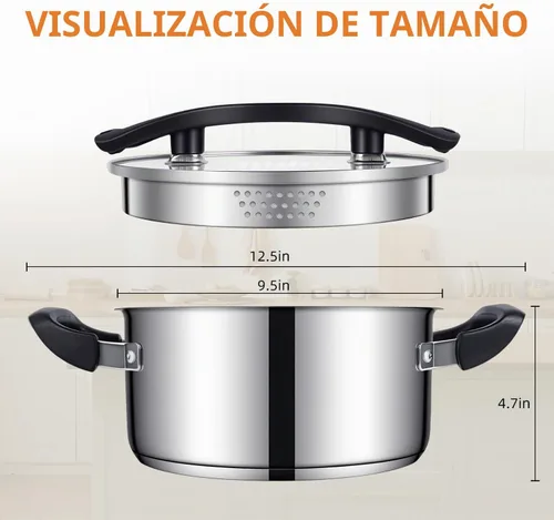 Vista 7 de Olla de acero inoxidable con boquilla de vertido y colador, 5