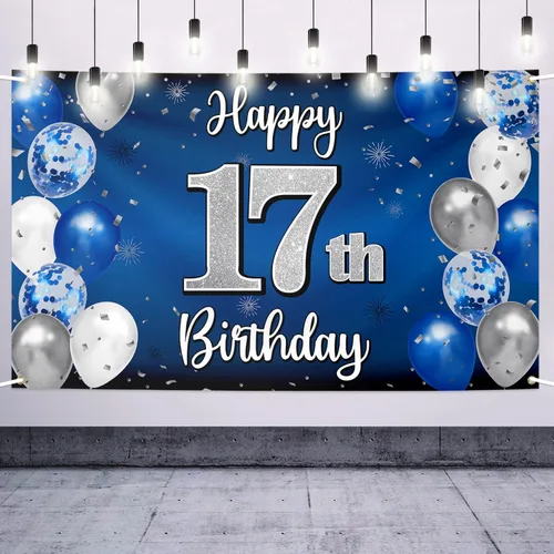 Vista 17 de Decoración de feliz cumpleaños número 100, globo azul y plateado grande cartel de fondo de cumpleaños de 100 años - Suministros para fiesta