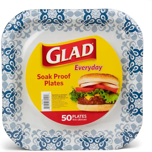 Vista 10 de Glad Platos cuadrados de papel resistentes, a prueba de remojo y resistentes a los cortes, patrón victoriano azul, vajilla desechable