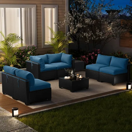 Vista 9 de Juego de 7 muebles de patio al aire libre, sofá seccional al aire libre, muebles de mimbre para patio, juego de conversación de patio con mesa