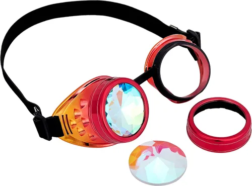 Vista 18 de Gafas de caleidoscopio retro con pinchos, gafas de cristal arcoíris steampunk estilo soldadura, gafas de cosplay punk