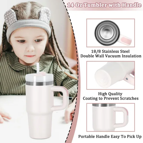 Vista 6 de Muwnrol Vaso de 14 onzas con asa y popote para niños, vaso de acero inoxidable aislado al vacío que mantiene el frío, el calor y el hielo, regalos