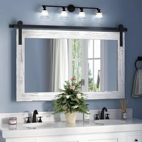 Vista 56 de COGOOD Espejo de puerta de granero de granja, 25 x 18 pulgadas, espejo decrativo con marco de madera rústica para baño, sala de estar, decoración