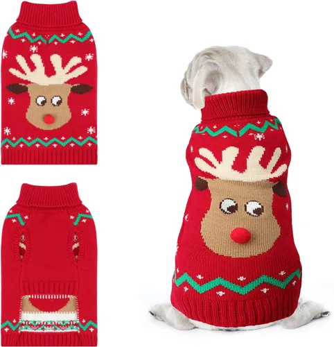 Vista 17 de Suéter navideño de cuello alto para perro, suéter de invierno de renos y copos de nieve con agujero para la correa, suéter de punto para cachorros
